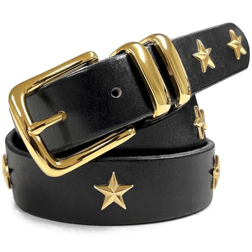 Punk Belt Gold Star Conchos Genuine Full Grain One Piece Leather Casual Dress Belt 1-1/8
