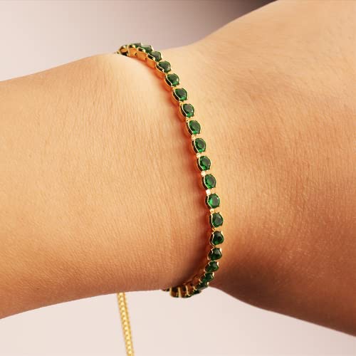 Agriajun Emerald Green Tennis Bracelet For Women Girls - Cute Dainty Thin Gold Chain Adjustable Box Chain - Fashion Sparkly Cubic Zirconia Cz Rhinestone Birthstone Prom Jewelry Gift #TOP1
