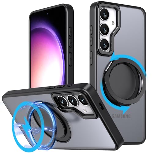 Coque Samsung S24 FE antichoc magnétique à anneau rotatif 360 noir mat