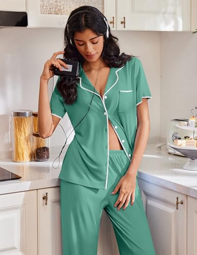 Image of Ekouaer Pajamas for Women Set Button Up Soft Pjs Short Sleeve 2 Piece Lounge Sets Comfy Sleepwear