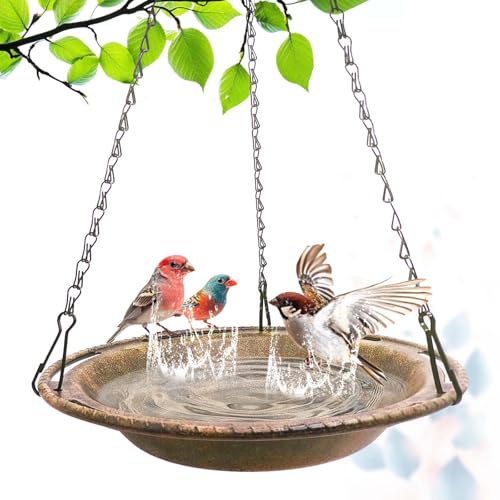 VIHSIPR Hanging Bird Bath & Feeder Bowl 12in Outdoor Bird Bath with Chains Durable Weather-Resistant PP Antique Bronze Backyard Garden Decor