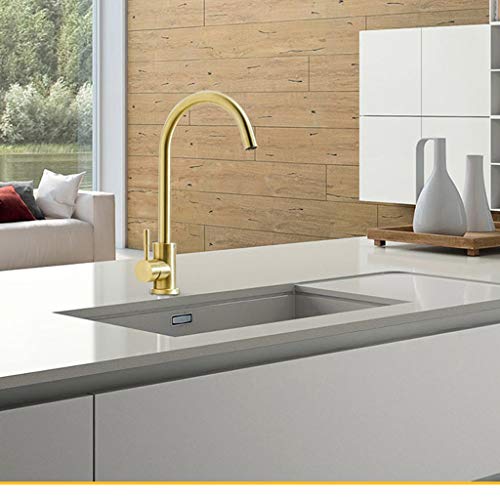 Mitigeur cuisine acier inoxydable or brossé monotrou rotatif eau chaude froide