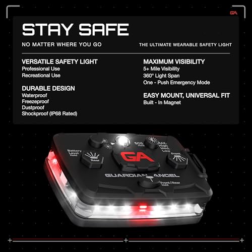 Image of Guardian Angel Elite Series Safety Light, Beacon Device (White Front & Red Rear) Rechargeable, Magnetic, Hands-Free Wearable & Mountable LED Flashlight for First Responders, Firefighters & Rescue Ops