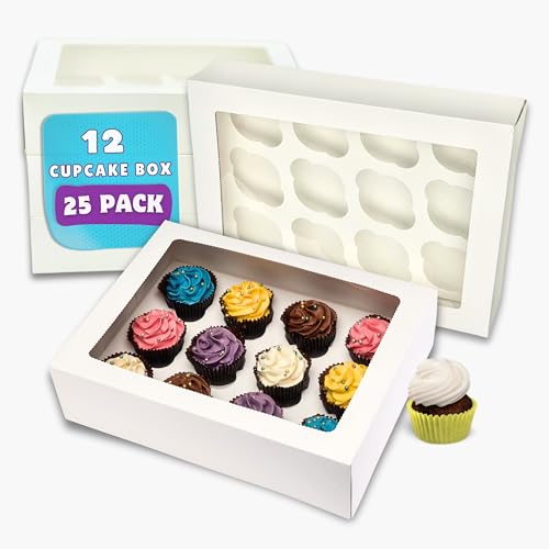 PACK N TRADE 25 Pcs cupcake boxes 12 hole - Removable Inserts Deep cake boxes for cupcakes White cup cake boxes (33 x 24.2 x 7.5 cm) with Clear Window - Ideal for Muffins Cupcakes