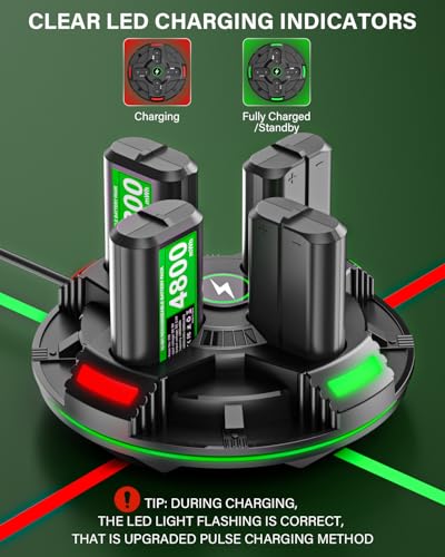 Rechargeable Xbox Controller Battery Pack, 4 x 4800mWh Rechargeable Batteries Pack with Charging Dock Station for Xbox One/One S/One X/One Elite/Xbox Series S|X Wireless Controller (4 Pack) — view 4