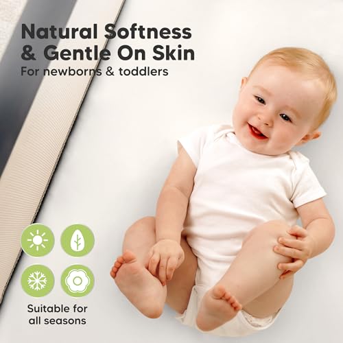 Image of 2 Pack and Play Sheets, Waterproof Mini Crib Sheets Fitted - 38x26 Organic Cotton Pack N Play Sheets for Graco Pack and Play Mattress, Playard Baby Crib Sheets,Neutral for Boy,Girl,Toddler(Soft White)