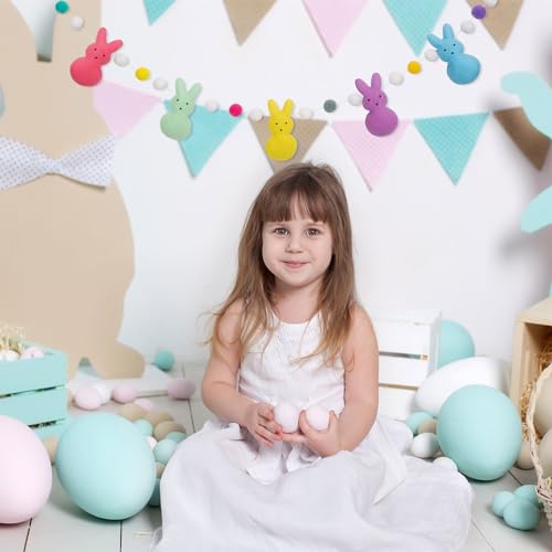 Image of JarThenaAMCS Easter Felt Banner 3D Colorful Bunny Garland Double-Sided Rabbit Pom Ball Bunting Garland for Spring Party Supplies Home Mantel Office Classroom Outdoor Indoor Hanging Decoration