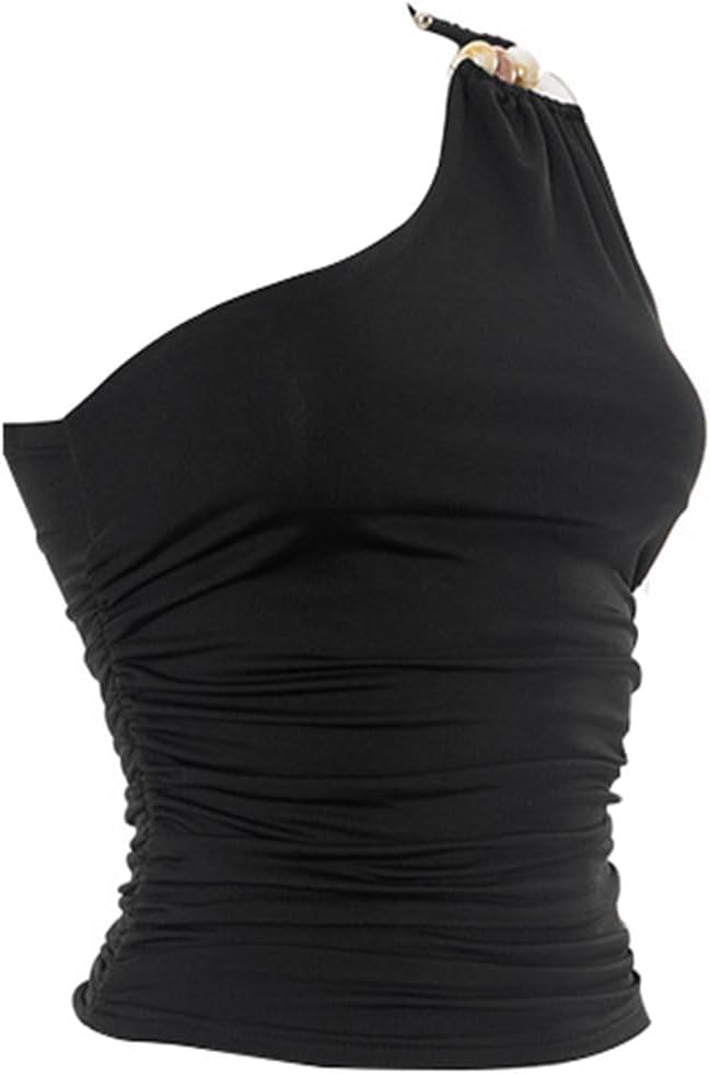 Women Halter Crop Tank Top Backless Tankini One Shoulder Ruched Knit Shirts Sexy Streetwear Sleeveless Y2k Tops with Pearl - Image 5