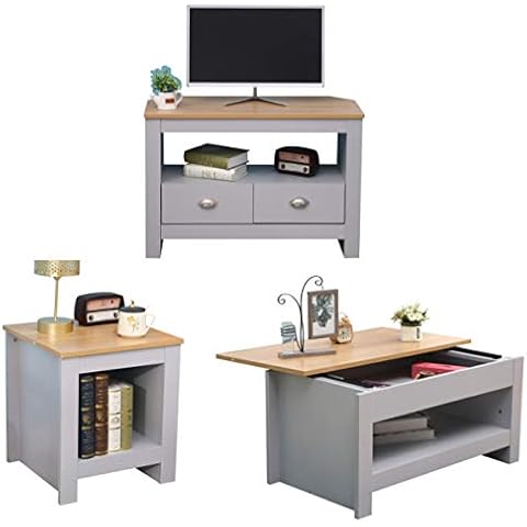 CF Furniture Living Room 3 Piece Furniture Set Lamp Table Sliding Top Grey Coffee Table TV Stand Modern Simple Practical Style,Grey+Oak Cover