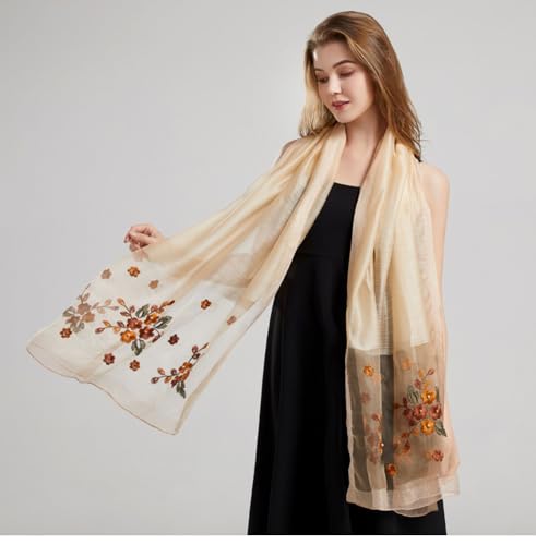 Jeelow Women's Silk Wool Scarf Shawl - Lightweight Floral Embroidered Wrap for Wedding, Party, Prom Fashion Accessory3