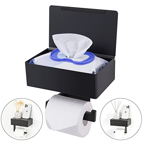 YRONG Adhesive Toilet Paper Holder with Shelf and Storage, Wall Mount Toilet Paper Roll Holder & Flushable Wipes Dispenser Set Fits Any Bathroom, Stainless Steel Tissue Holder-Square, Matte Black