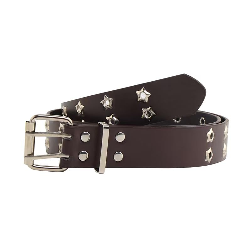 Star Studded Faux Leather Belt, Double Prong Buckle, Black