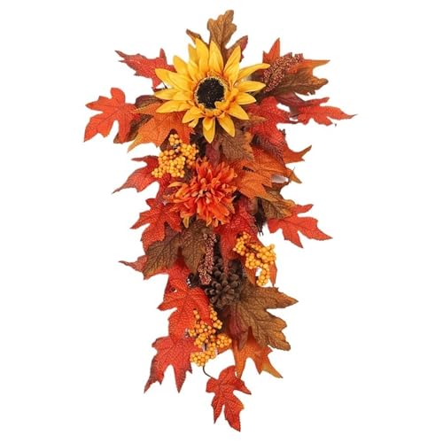 Fall Teardrop Swag Wreaths with Sunflowers and Maple Leaves, Autumn Artificial Sunflower Teardrop Wreaths for Front Door, Autumn Floral Swag for Thanksgiving Indoor Outdoor Decoration