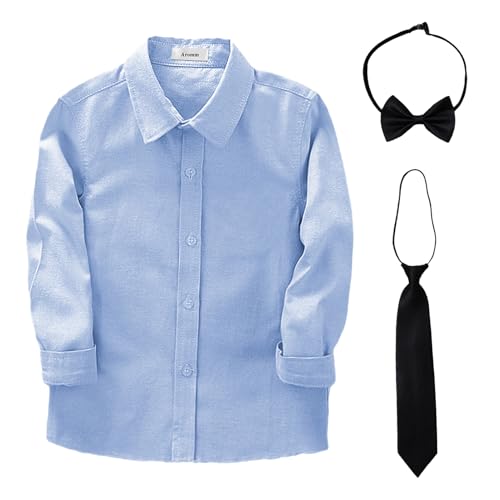 aromm Junge Kleid Hemd mit Fliege und Krawatte Lange Ärmel Solide Knopf unten Oxford Shirt Blau,11-12 Jahre
