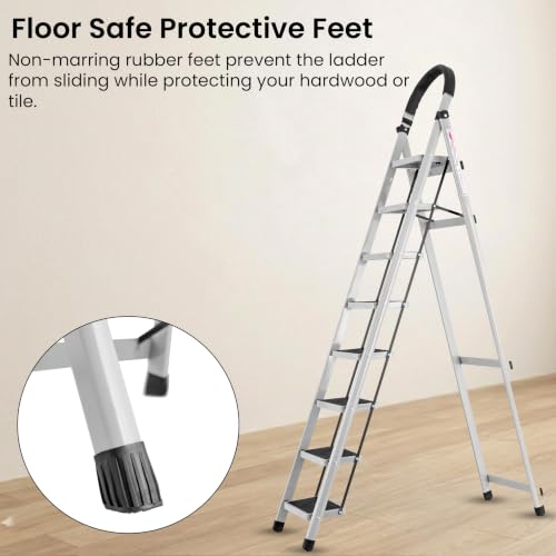 Image of Casa Copenhagen White 8 Step Ladder for Home Use with Built-in Tool Tray | Heavy Duty D Shape Rods | Ultra Large Platform | Wide Rubber Feet | 150Kg Capacity Foldable Ladder - 7 Years Warranty