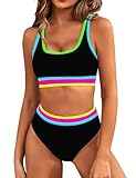 BMJL Women's High Waisted Bikini Sets Tummy Control Two Piece Swimsuits Color Block Cheeky High Cut Bathing Suits(M,Rainbow Black Pink)