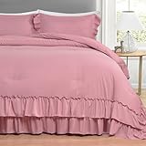 Faincy Ruffle Mauve Queen Size Comforter Set, Ruffled Alternative Bed Sets - 90 x 90 3PC Soft Microfiber Duvet Farmhouse Vintage Shabby Chic Rustic Bedroom Decor Bedding for Women, Dusty Rose Pink