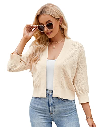 Image of Shermia Women's 3 /4 Sleeve Cropped Cardigan Sweater Open Front Short Shrugs Cardigans Lightweight Sweaters