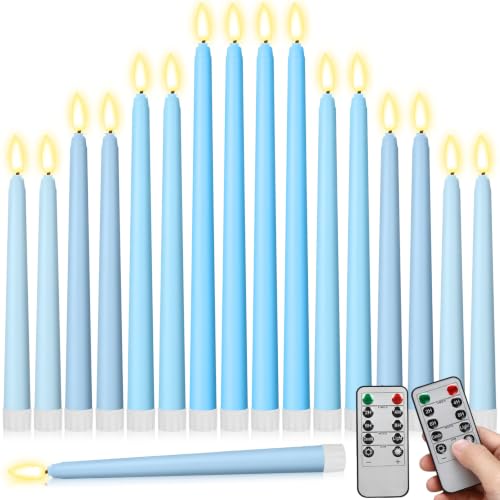 Image of Rossesay 16 Pcs Ocean Blue Flameless Taper Candles Battery Operated Candles with Remote Timer 8.5 inch 9.6 inch 10.8 inch 12.8 inch Multiple Sizes LED Flickering Candlestick for Wedding Party Centerpieces Decor