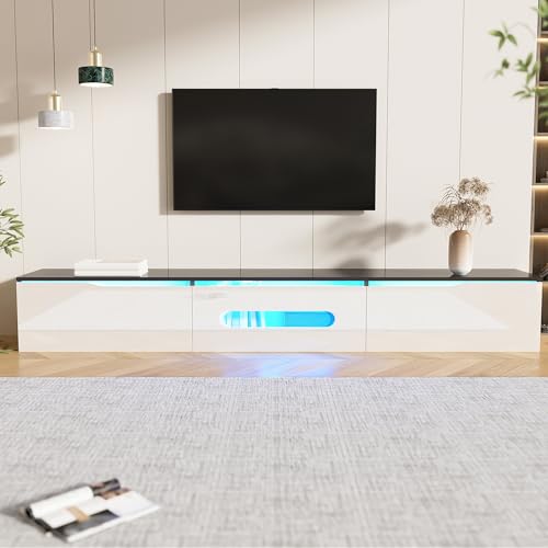 Mueble TV de Alto Brillo en Blanco y Negro, 180 cm Largo, Soporte TV Salón con Iluminación LED de 16 Colores, Montaje en Pared o Sobre Soporte, Amplio Espacio de Almacenamiento, para TV de hasta 70'