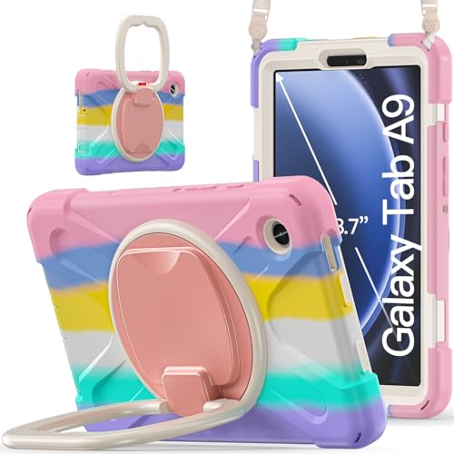 Étui Samsung Galaxy Tab A9 antichoc JZ avec support rotatif et bandoulière rose
