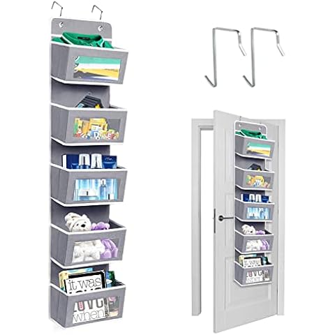 JOLIGAEA Over Door Hanging Organiser Storage, 5 Pockets Fabric Foldable Closet Wardrobe with 5 Clear Visible Window Pocket & 2 Hooks, Wall Hanging Shelves for Clothes, Lingerie, Toys, Cosmetics Cover