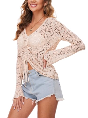 Spicy Sandia Women's Crochet Tops Tie Front Summer Sweater Bell Sleeve Boho Tops Beach Vacation Outfit Swimsuit Cover Up4