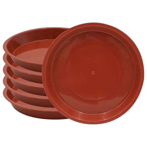 JAKOUE 6pcs Terracotta Plastic Plant Saucers (4 inch) - Heavy Duty Indoor Plant Trays for Pots with Water Drainage Drip Catcher & Decor (Set of 6 Round Saucers)