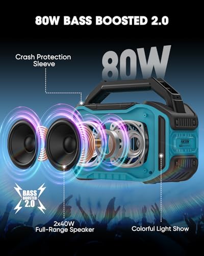 Image of ANCOON Speakers Bluetooth Wireless: 80W(Peak) Loud Speaker with Bass, 20H Playtime, IPX6 Waterproof, Large Jobsite Speakers for Work, Outdoor, Workshop, Garage, Portable Speaker with TWS (Sky Blue)