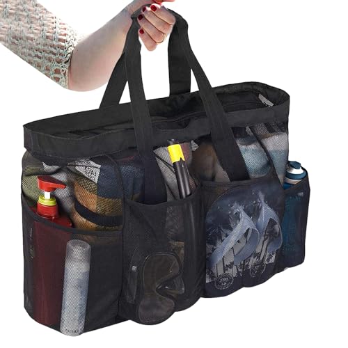 メッシュ ビーチ トート, ジッパー付きポケット付きプール バッグ トラベル オーガナイザー, ビーチトート 大容量で、ビーチの必需品、おもちゃ、服、ビーチシューズ、帽子、水筒、タオルを収納できます。