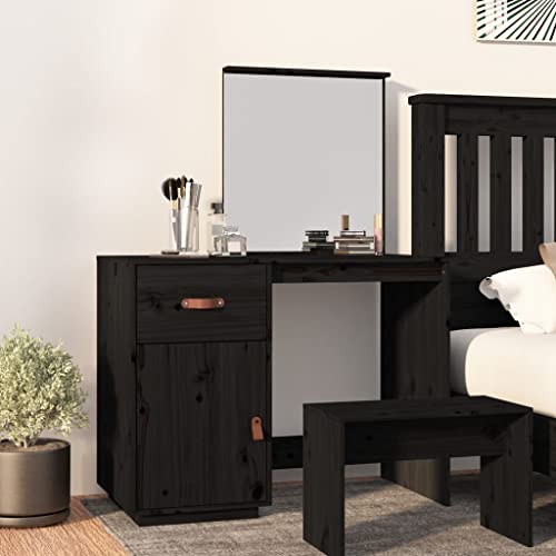 Teenpull Tocador negro 95 x 50 x 134 cm de madera maciza de pino con espejo, cajón y compartimentos para cosméticos en el dormitorio