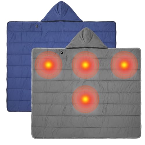 Preboun 2 Pcs Heated Camping Blanket with Hood and Battery Pack Outdoor Portable Heated Thermal Poncho Blanket with USB Wearable Sleeping Bag Water Resistant Windproof for Hiking Hunting Fishing