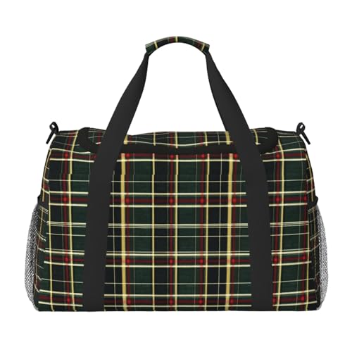 Abstract Green Plaid Print Duffle Bag for Travel, Carry On Weekender Overnight Duffel Bags, Gym Bags for Women Men, Personal Item Travel Bag