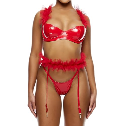 Forplay Ensemble de lingerie pour femme en vinyle et tulle avec bordure en tulle et porte-jarretelles - Rouge, Rouge, Medium