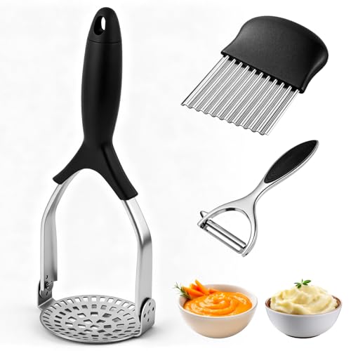 Homshsjhkis 3 Pcs Machacador de Patatas, Acero Inoxidable Aplastador Patatas Cocidas, Manual Pasapures, Pasa Pures Cocina, Potato Masher con Cortador Ondulado para Aguacate, Frijoles, Carne, Verduras