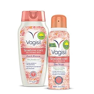 Vagisil Scentsitive Scents Multipack, Daily Intimate Feminine Wash (12 oz.), and Dry Wash Deodorant Spray for Women (2.6 oz.) – Peach Blossom Scent