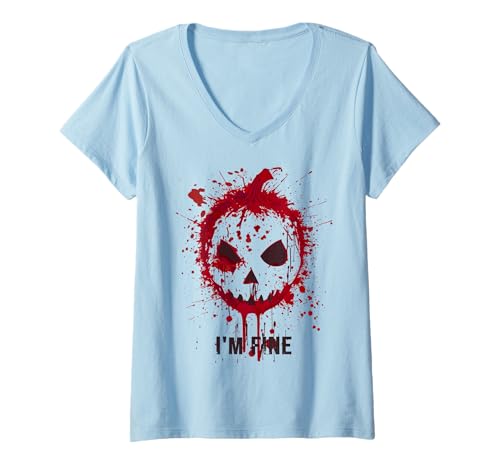 Mujer I'm Fine Bloody - Camisa de Halloween con salpicaduras de sangre de calabaza Camiseta Cuello V