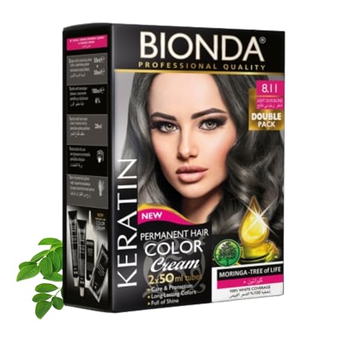Tinte permanente BIONDA Professional Color Cream 8.11 rubio oliva claro, 200 ml, paquete doble, queratina y moringa, color intenso y duradero con brillo, cobertura 100% de canas