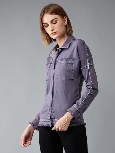 Image of Miss Chase Women's Polo Neck Full Sleeves Patch Pocket Denim Overcoat Knee-Length Jacket