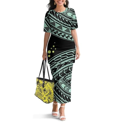 Image of Polynesian Dress for Women Short Sleeve High Waist Maxi Skirt | Puletasi dress, t-shirt and skirt two-piece, elastic material, lightweight, soft, plus size, luau party, wedding, clubwear