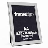 Frametigo - Silver Plated Flat Edge Photo Frame, A4/8.25”x11.75” (21x29.7cm) Photo Size - Velvet Frame Backing & Stand - Real Glass Window - Tarnish-Resistant - Landscape or Portrait Orientation