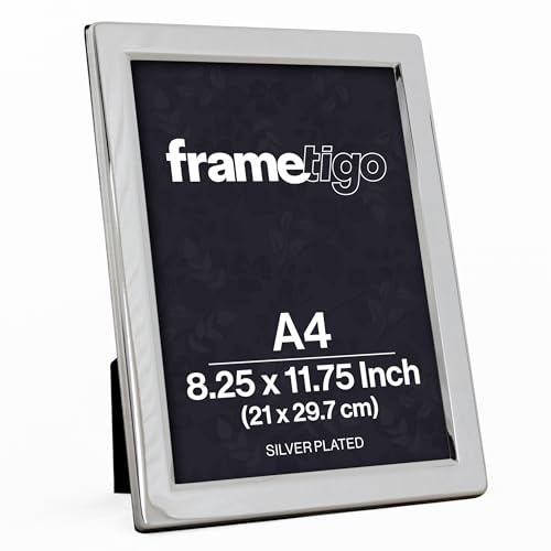 Image of Frametigo - Silver Plated Flat Edge Photo Frame, A4/8.25”x11.75” (21x29.7cm) Photo Size - Velvet Frame Backing & Stand - Real Glass Window - Tarnish-Resistant - Landscape or Portrait Orientation