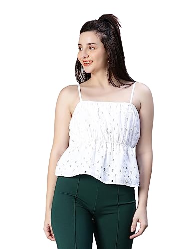 Image of oxolloxo Women Schiffli Elsaticated Shoulder Strap Cotton Top
