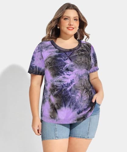 Image of CARCOS Plus Size Tops for Women Short Sleeve Shirt Summer Star /Leopard /Tie Dye /Flower Crewneck Pullover Tunic XL-5XL