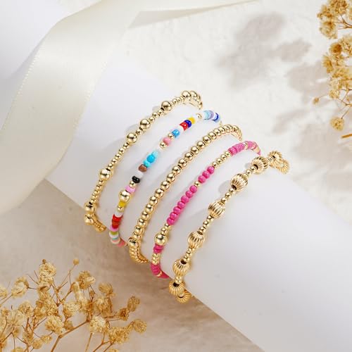 Turandoss 5PCS Gold Beaded Bracelets for Women Teen Girls, 14K Gold Plated - image 6