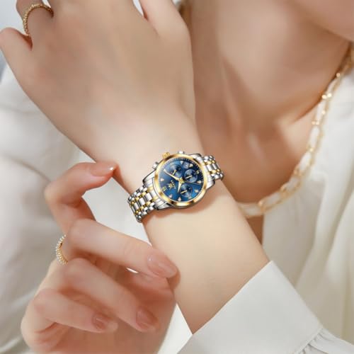 Image of OLEVS Women Watch Multifunctional Two Tone Watch Fashion Business Analog Quartz Ladies Watch Stainless Steel Waterproof Diamond Watch for Women