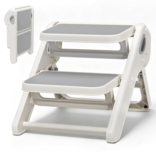 Foldable Toddler Step Stool for Bathroom Sink Toilet Bedroom Kitchen Non-Slip Space-Saving BPA-Free Supports 110 lbs Kids Step Stool (Grey)