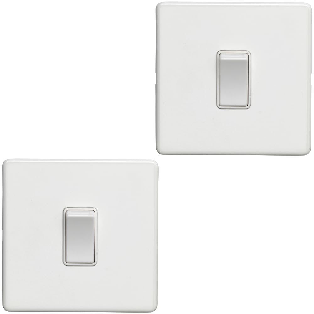 Loops Light/White 2 Pack 1 Gang Single Switch Screwless Matt 2 Way 10A Slim Rocker - Decorative Kitchen Living Room Bedroom Plate