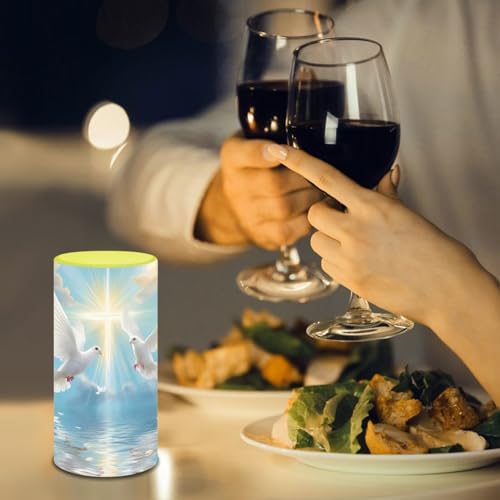 Image of Poceacles Dove of Peace Cross Print Blue Flameless Candle Electric LED Lights with Timer Remote Color Lights, 3 AAA Batteries Operated (Not Include) Tealight for Home Indoor Decor