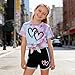 FJLSJSW Girls Clothes Summer Tie Knot Short Sleeves Top & Double Heart Print Shorts Fashion Cute Kids Two Piece Outfits Teen Girls' Clothing Sets Size 9-10 Years Purple